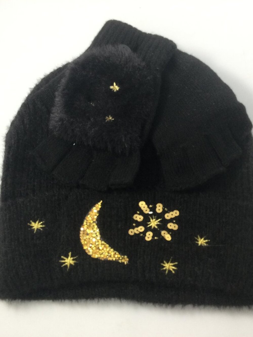 Beanie and Gloves Set Black Soft Recycle Polyester Gold Embroider Stars Moon New